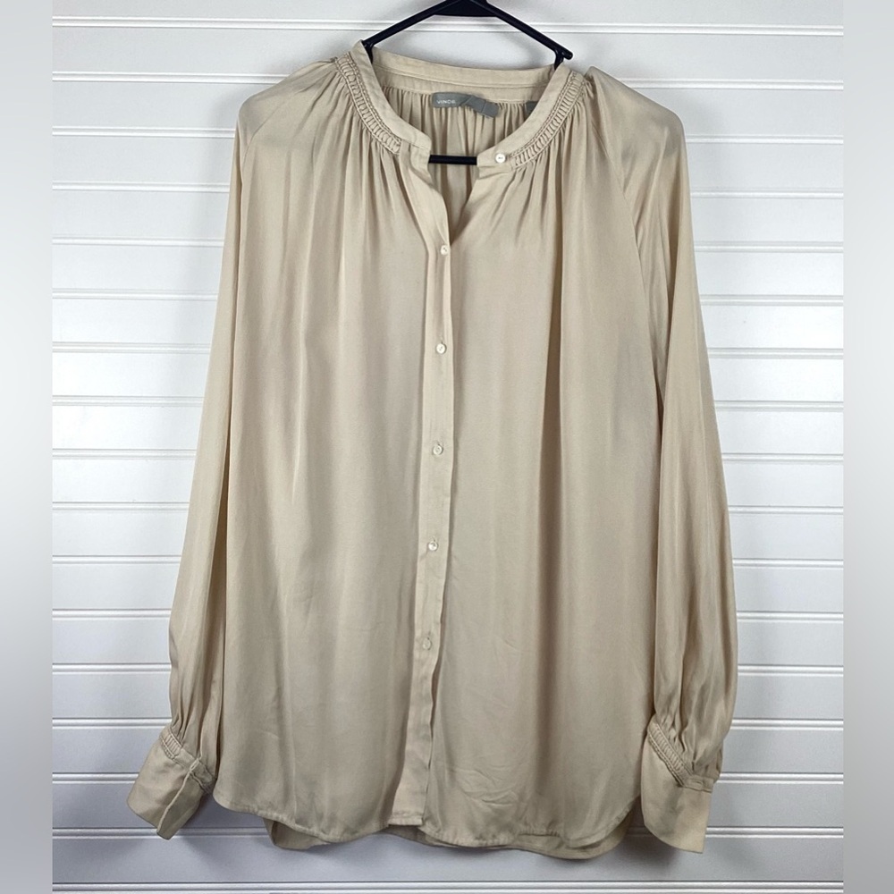 Vince Pleated Shirred Handstitch Silk Button Up Blouse L Shirt Light Beige $325